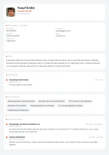 Güvenlik Görevlisi CV Örnekleri cv indir